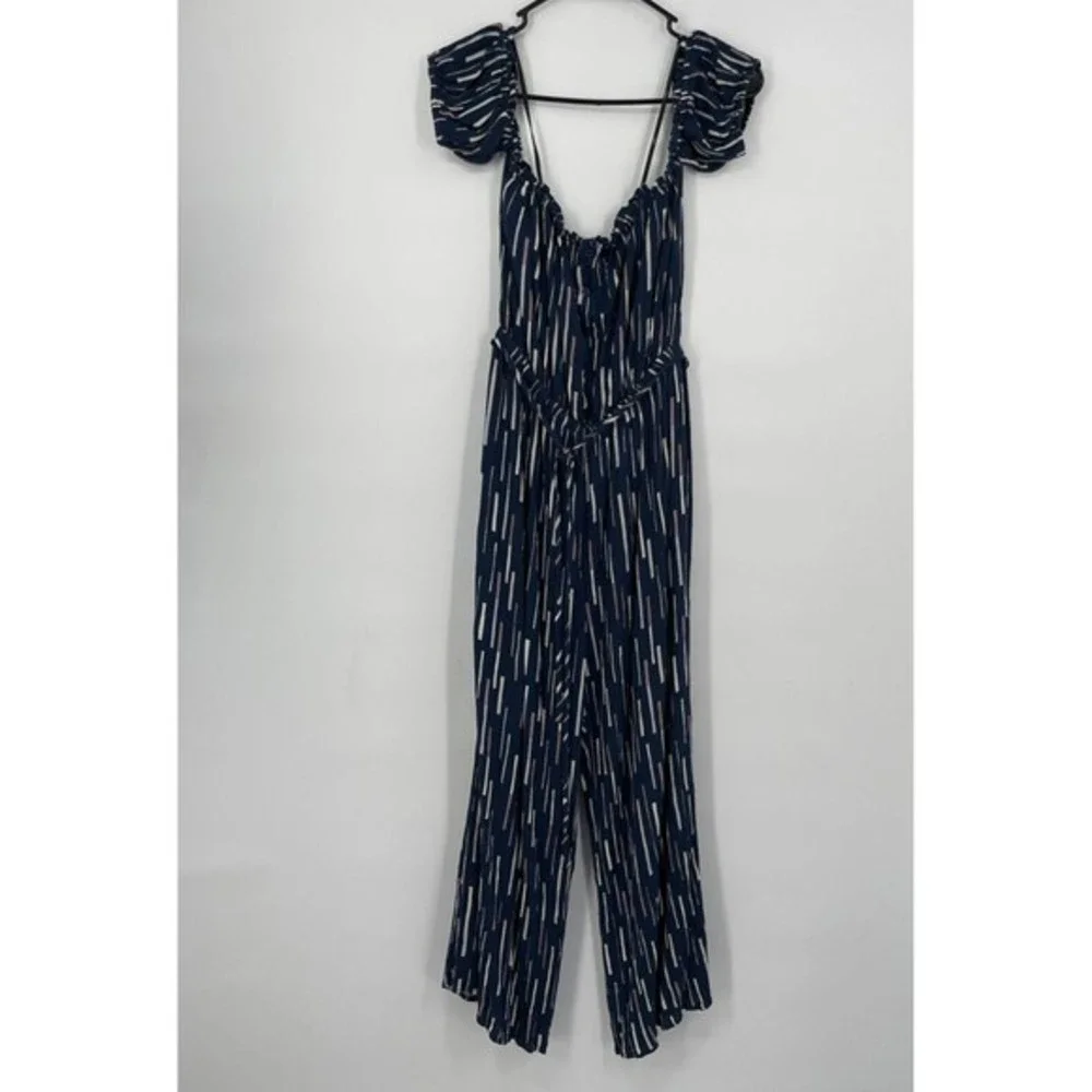 Lulus Navy Stripe Off Shoulder Cropped‎ Jumpsuit Belted Wide Leg Size Medium